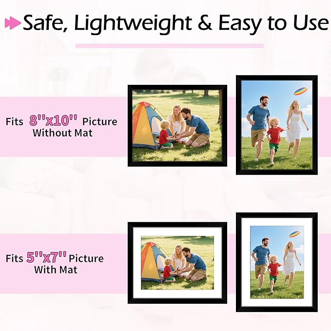 8x10 Picture Frame Set of 2, Black Photo Frame for Tabletop or Wall Display, Display Pictures 5x7 with Mat or 8x10 Without, Frame Collage with HD Plexiglass for Wall Home Decor, with Gadget