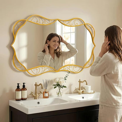 Besdomus Bathroom Gold Wall Mirror: 30"x48" Scalloped Modern Large Wall Mounted Mirror - Farmhouse Vanity Mirror Vertical or Horizontal Hanging - Home Decor for Bathroom/Living Room/Hallway