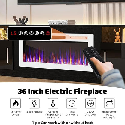Lemberi Fireplace tv Stand with 36 inch White Fireplace Up to 90" TVs, LED Light Entertainment Center and Storage, 80" Modern Wood Media TV Console with Highlight Cabinet for Living Room (Black)