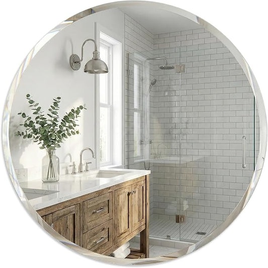 24 Inch Round Frameless Bathroom Mirror with Solid Backing, Beveled Edge Circle Vanity Mirror for Over Sink, Small Wall Mirror for Entryway Bedroom Decor