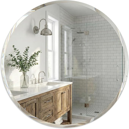 30 Inch Round Frameless Bathroom Mirror with Solid Backing, Beveled Edge Circle Vanity Mirror for Over Sink, Large Wall Mirror for Entryway Fireplace