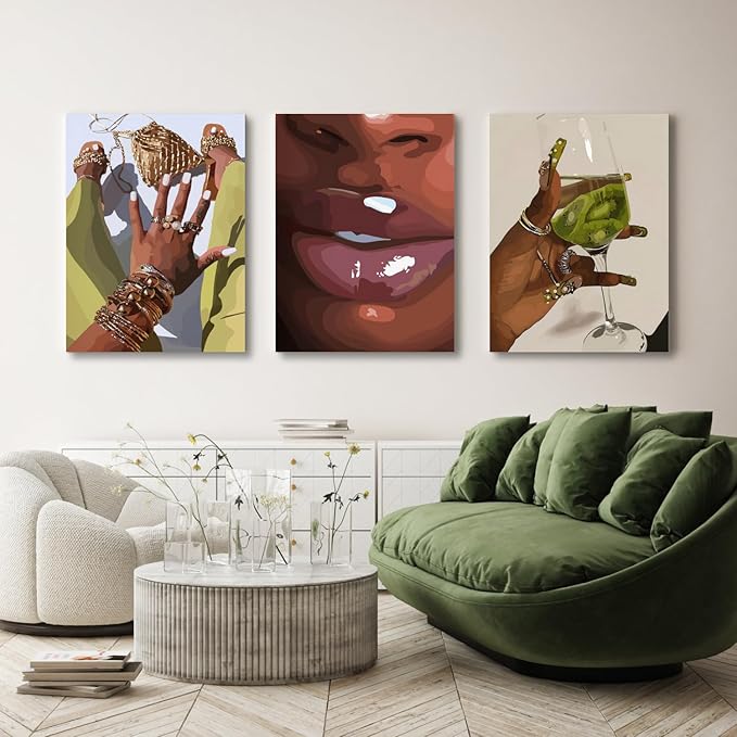 Hianan Black Girl Canvas Wall Art Set of 3, Framed African American Woman Wall Decor, Fashion Black Women Poster Prints, Abstract Black Girl Aesthetic Pictures for Living Room Bedroom 16"x24"