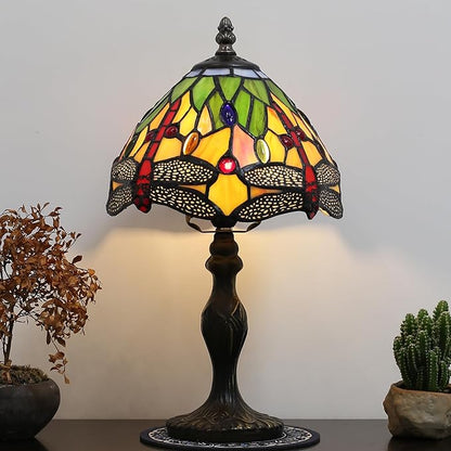 Tiffany Style Lamp Stained Glass Table Lamp 8 x 14.5 Mini Accent Light Yellow Dragonfly Design Small Decorative Bedside Reading Memory Lamp