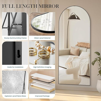 NEWBULIG Arched Mirror Full Length, 71"x26" Body Wall Mirrors with Shatter-Proof Glass, Upgraded Floor Standing Mirror, Hanging or Leaning, with Stand Aluminum Alloy Frame for Home Decor, Black