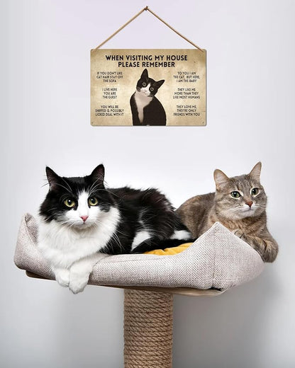ALKB Gift for Cat Lovers Funny Tuxedo Cat Rules Metal Signs, When Visiting My House Please Remember, Cat Signs for Wall Door Decor 8 x 12 Inch