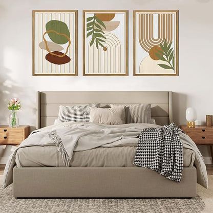 DRACIT Large Boho Minimalist Geometric Wooden Framed Canvas Wall Art Set,Neutral Sage Green Beige Wall Decor,Modern Mid Century Leaf Wall Sculptures for Living Room,Bedroom,Office-16 x24 x3