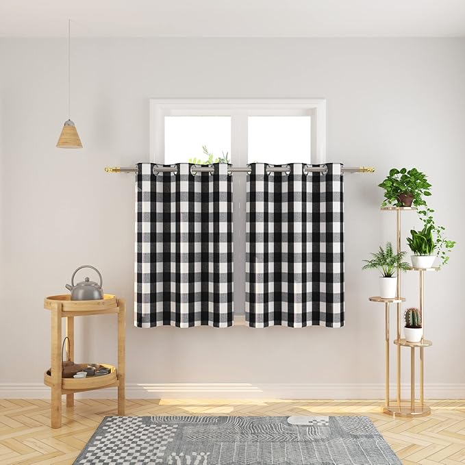 3 Pc Cotton Classic Country Farmhouse Kitchen Window Curtain Grommet Top -Black & White Buffalo Check Tier & Valance Set, 54" x 18" / 32" x 36"