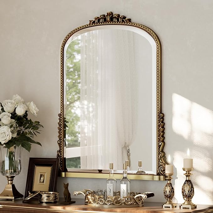 24"×32" Gold Wide Arched Wall Mirror, Vintage Carving Bathroom Vanity Makeup Mirror, as Wall Decor Hanging Leaning for Fireplace Mantle, Living Room, Bedroom, Vanity Area