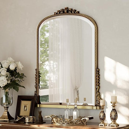 24"×32" Gold Wide Arched Wall Mirror, Vintage Carving Bathroom Vanity Makeup Mirror, as Wall Decor Hanging Leaning for Fireplace Mantle, Living Room, Bedroom, Vanity Area