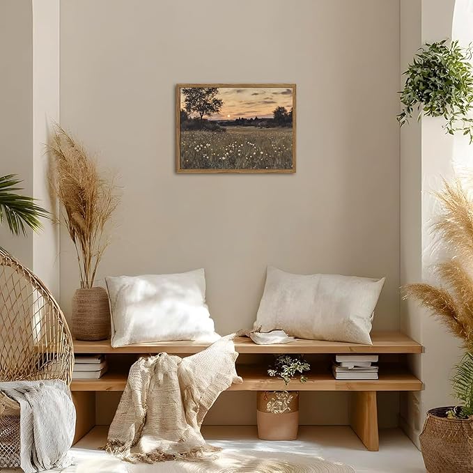 Vintage Farmhouse Wall Art, Rustic Floral Wall Decor Paintings, Twilight Firefly Artwork Painting Field Nature Landscape Canvas Prints for Bedroom Living Room 16x24 inch Wood Framed