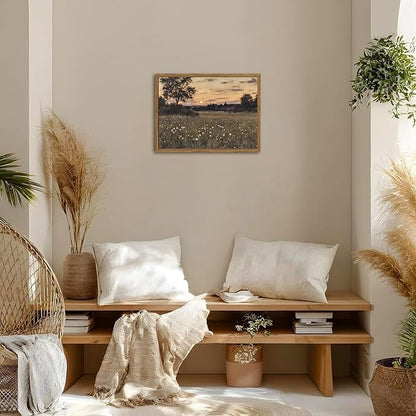 Vintage Farmhouse Wall Art, Rustic Floral Wall Decor Paintings, Twilight Firefly Artwork Painting Field Nature Landscape Canvas Prints for Bedroom Living Room 16x24 inch Wood Framed
