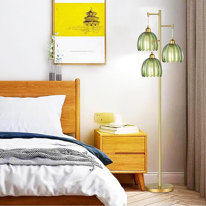 AHDWDW Gold Floor Lamp for Living Room Bedroom,Modern Tree Floor Lamps with Green Glass Shades,68IN Tall Standing Lamp with Bulbs,3 Lights Mid Century Vintage Floor Lamp for Corner Office Reading