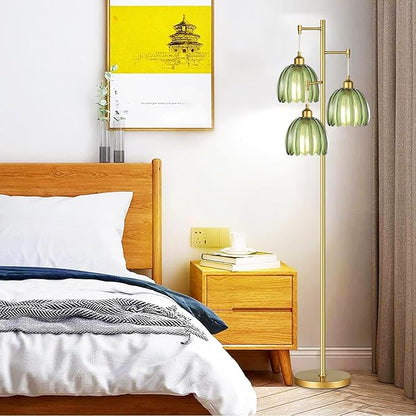 AHDWDW Gold Floor Lamp for Living Room Bedroom,Modern Tree Floor Lamps with Green Glass Shades,68IN Tall Standing Lamp with Bulbs,3 Lights Mid Century Vintage Floor Lamp for Corner Office Reading