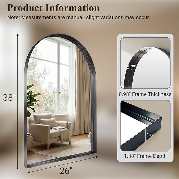 Arched Mirror for Bathroom Sink, 26"x38" Black Frame Mirror for Wall Mounted, Bathroom Mirror with HD Tempered Glass, Bedroom, Living Room, Entry Way, Vanity, Restroom