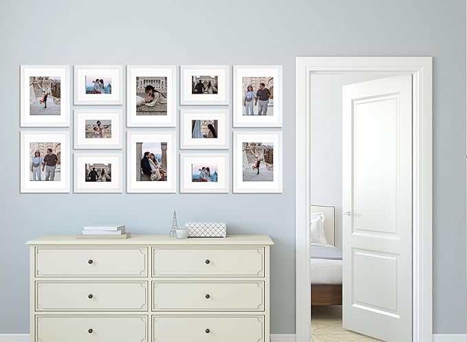VELISTA 12 Piece Large Rectangle Gallery Wall Frame Set - Photo Frames With Mat 8x10 and 11x14 in - Picture Collage Made of Engineered Wood - Assorted Frames for Wall (White)