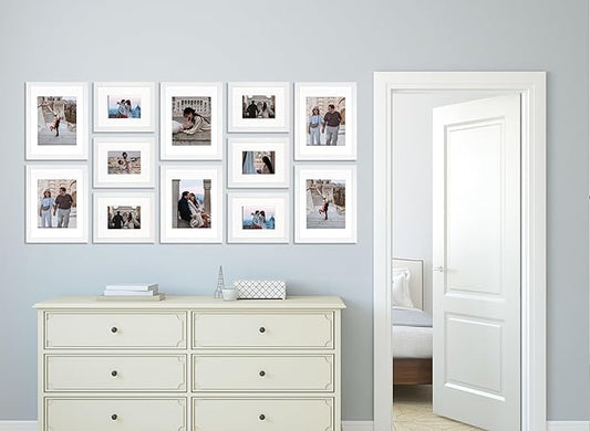 VELISTA 12 Piece Large Rectangle Gallery Wall Frame Set - Photo Frames With Mat 8x10 and 11x14 in - Picture Collage Made of Engineered Wood - Assorted Frames for Wall (White)