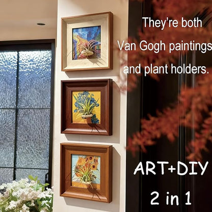 2-in-1 Magnetic Van Gogh Wall Art & Air Plant Holder Frame 3 pack Floating Airplant Holder No-Drill with Famous Prints (Café Terrace, Irises, Sunflowers) for Living Room Bedroom Home Decor Lover Gift