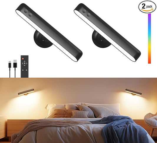 Rechargeable 7500mAh Battery Operated Wall Sconces for Bedroom,LED Wall Lights with Remote Control and Touch,360° Rotation,3 Colors Temperatures Dimmable Black Wall Lamps with 15 RGB Colors,2 Pack