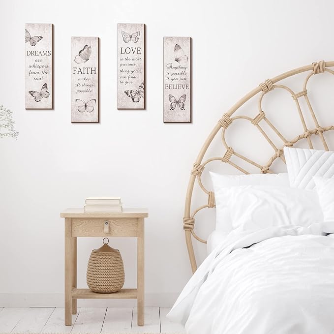 Qunclay 4 Pcs Butterfly Wall Decor Wooden Bathroom Sign Believe Faith Dream Love Inspirational Quote Wooden Rustic Art Accessories Butterfly Wood Decor 11 x 4 Inch for Home Wall Bathroom Bedroom