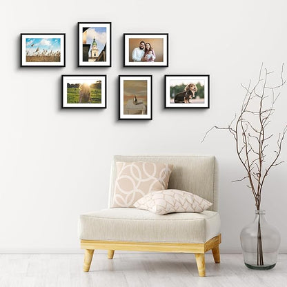 Golden State Art, Gallery Wall Frame Set of 6 - Black 6x8 Aluminum Photo Frames with Mat for 5x7 Pictures - 6 x 8 inch Metal Frame with Real Glass Cover - Elegant Home or Office Decor