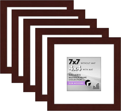 Americanflat 7x7 Picture Frame with Polished Plexiglass - Set of 5 - Use as 4x4 Frame with Mat or Display 7x7 Photo Without Mat - Galleria Collection - Square Frames for Tabletop and Wall - Mahogany
