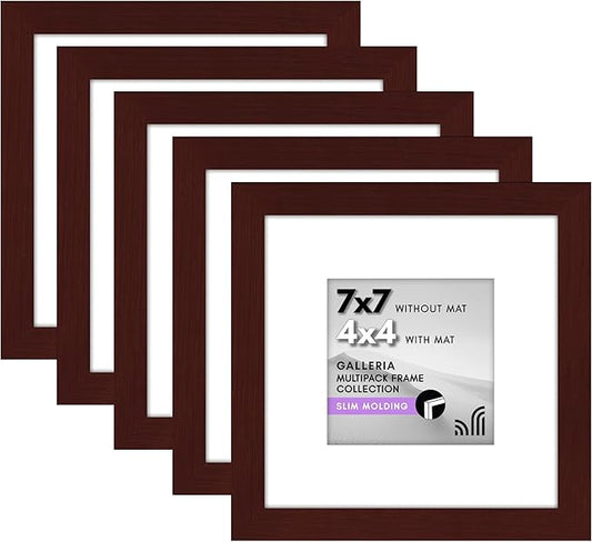 Americanflat 7x7 Picture Frame with Polished Plexiglass - Set of 5 - Use as 4x4 Frame with Mat or Display 7x7 Photo Without Mat - Galleria Collection - Square Frames for Tabletop and Wall - Mahogany