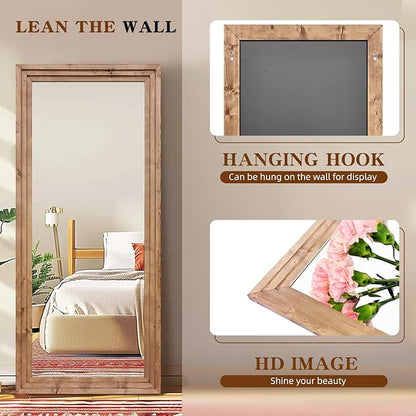 Full Length Mirror 71"x30" Solid Wood Frame Floor Large Mirror for Living Room, Bedroom Hanging or Leaning Wall-Mounted, Light Brown