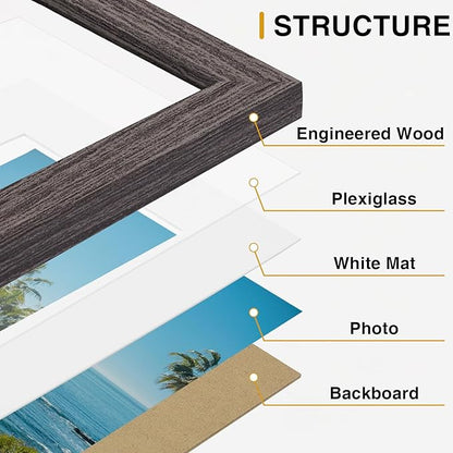Vittanly 5x7 Picture Frames Set of 9, Display 4x6 Pictures with Mat or 5x7 without Mat, Photo Frames for Wall or Tabletop with Plexiglass, Engineered Wood, Dark Grey