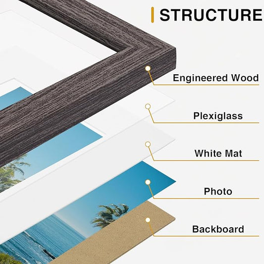 Vittanly 12x12 Picture Frames Set of 9, Display 8x8 Pictures with Mat or 12x12 without Mat, Photo Frames for Wall Mount, Engineered Wood, Dark Grey