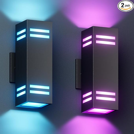 KIZON Modern Smart Porch Lights RGBCW, Dusk to Dawn Outdoor Lights Color Changing App Control with Remote, Dimmable WiFi Up and Down Lights Outdoor Sconce for House Theater Garage, ETL Listed, 2 Pack