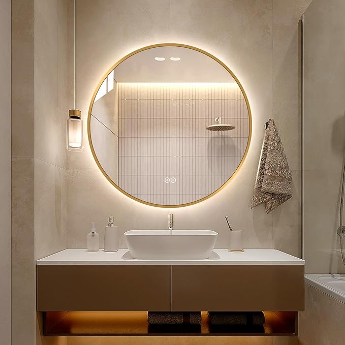 LAIYA 32 Inch Round LED Bathroom Mirror with Lights, Gold Aluminum Frame, Anti-Fog Dimmable Backlit Vanity Mirror, 3 Color Temperature, Memory Function, Wall Mounted Lighted Bathroom Mirror