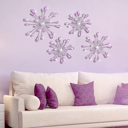 Hicarer 4 Pcs Starburst Wall Decor Bling Wall Art Crystal Teardrop 3D Hanging Rhinestone Radial Metal Artwork Modern Accent Sculptures Decorations for Living Room Home Office Bedroom(Purple)