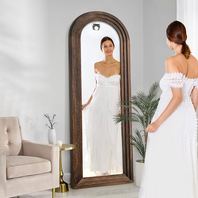 NeuType Arched Full Length Mirror, 65x22in Rustic Wood Frame Full Body Dressing Mirror, Wall-Mounted or Leaning Against Wall Standing Mirror, Farmhouse Decor for Bedroom Living Room, Charcoal Grilled
