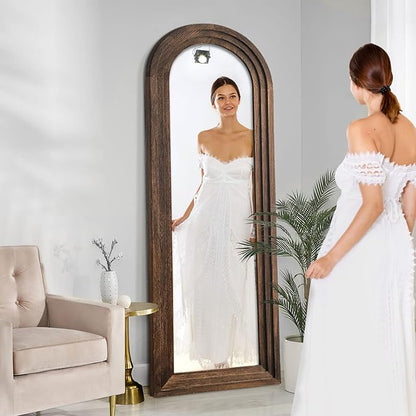 NeuType Arched Full Length Mirror, 65x22in Rustic Wood Frame Full Body Dressing Mirror, Wall-Mounted or Leaning Against Wall Standing Mirror, Farmhouse Decor for Bedroom Living Room, Charcoal Grilled