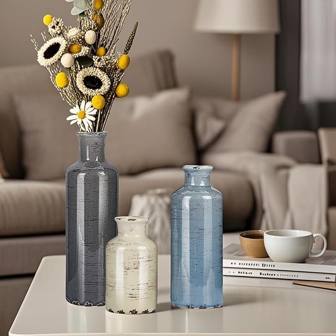 Ceramic Vase Set of 3, Small Flower Vase for Home Decoration, Rustic Farmhouse Table Shelf, Entrance Decor, Ice Crackle Vintage Vase for Living Room & Dining Table Centerpieces, Multicolor