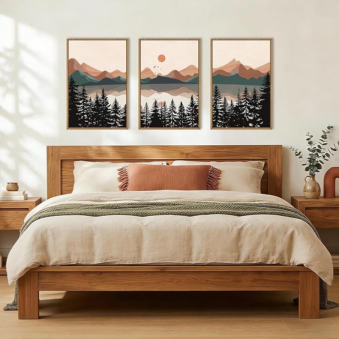 KAIRNE Vintage Mountain Lake Framed Canvas Wall Art Set, Mid Century Forest Wall Decor, Nature Pine Tree Art Prints, Modern Boho Sunset Artwork for Living Room,Bedroom,Farmhouse,Office-16 x24 x3