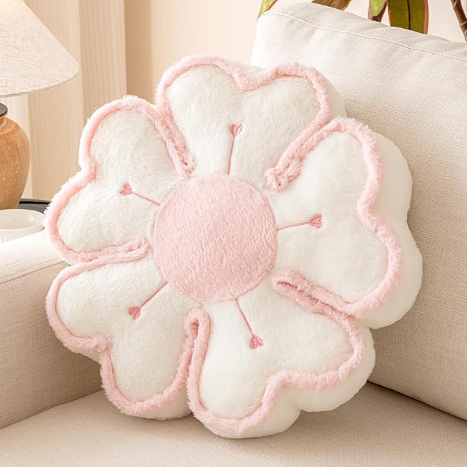 Flower Shaped Decorative Throw Pillow Cushion for Bed Couch, Cute Flower Plush Throw Pillows Home Decor Floor Pillow Seating Cushions (Ivory White, 13.7 Inches)