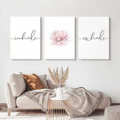 Pennclys Inhale Exhale Wall Art Zen Canvas Decor Yoga Lotus Wall Art Calming Meditation Artwork Pink Yoga Poster Zen Pictures Painting for Living Room Bedroom 24x36 Inch Ready to Hang Set of 3