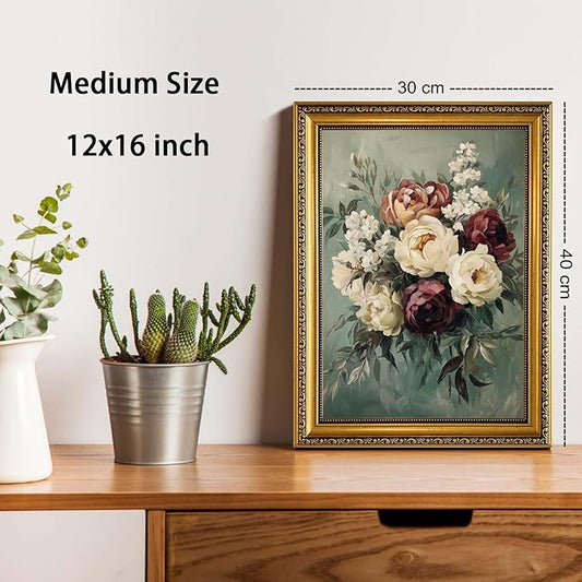 YD&YZY Gold Framed Vintage Wall Art Canvas Still Life Sage Green Flower Farmhouse Print Moody Floral Wall Decor Rustic Cottagecor Painting Picture Print for Dining Room Bedroom 12x16 inch Framed