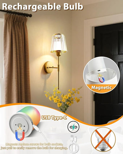Adetu Crystal Battery Operated Wall Sconces Set of Two, Gold Rechargeable Wall Lights with 10000mAh Dimmable Magnetic Bulb, RGB Rechargeable Battery Wall Sconce with Remote Control for Bedroom Decor