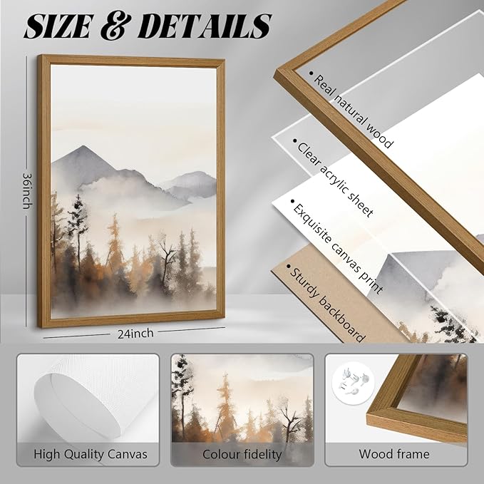 Neutral Mountain Wall Art Decor Set of 3 Forest Canvas Wall Art Poster Landscape Wall Art Artwork Modern Pictures Abstract Painting Watercolor Prints for Living Room Bedroom 24x36 Inch Framed