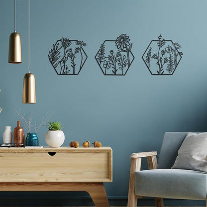 Peryiter 3 Pcs Metal Flower Wall Decor Minimalist Floral Wall Hanging Decor Metal Flower Rustic Floral Art for Spring Living Room Bathroom Kitchen Indoor Outdoor(Black)