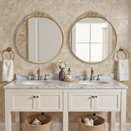Growsun Round Wall Mirror with Vintage Gold Floral Frame – 24 Inch Decorative Wall Mirror for Living Room, Bedroom, Entryway, Bathroom Vanity – Elegant Antique Accent Home Décor