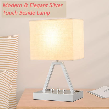 Briever Touch Control Table Lamp, 3-Way Dimmable Desk Lamp with USB C & A and AC Outlet, Bedside Lamp with Phone Stand and Fabric Shade for Bedroom, Living Room, Bulb Included, Silver