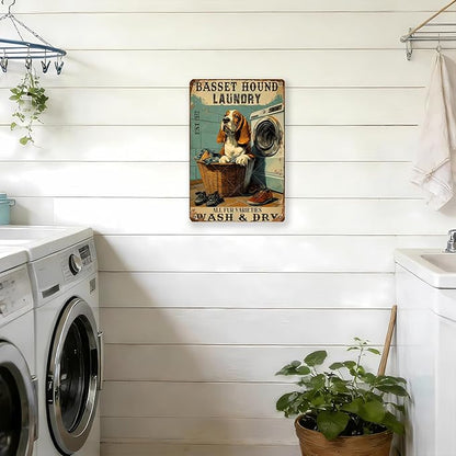 Retro Metal Poster Basset Hound Laundry Wash And Dry Metal Tin Signs Vintage Plaque Wall Decor Gift for Office Club Bar Home Kitchen 16x12 Inch