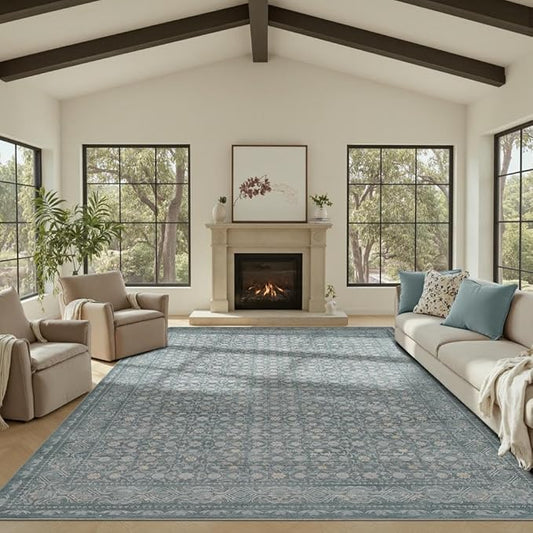 8x10 Washable Area Rug for Living Room, Extra Large Vintage Boho Rugs for Dining Room, Kids Room, Farmhouse, Durable Low Pile Non Slip Carpet for High Traffic Areas, Soft Blue