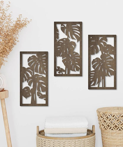 Putuo Decor 3-Piece Tropical Leaf Wood Wall Art Set, Palm Leaf Wall Hanging Decor for Bedroom Living Room Bathroom Balcony Decor