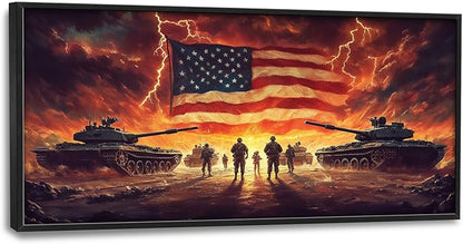 Soldiers Large Wall Art for Living Room Patriotic American Flag Framed Canvas Decor Military Army Veteran Prints Painting Pictures Extra Large Modern Independence Day Artwork for Bedroom Home 30"x60"