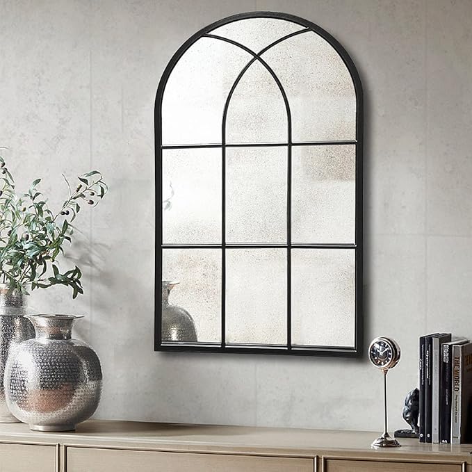42"x 24" Arched Mirror, Window Wall Mirror, Windowpane Vanity Mirror, Metal Framed, Arched-Top Farmhouse Mirror, Rustic Decorative Mirrors - Black