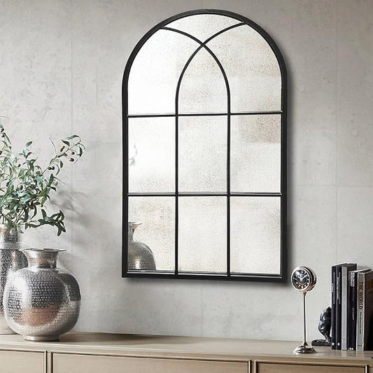 42"x 24" Arched Mirror, Window Wall Mirror, Windowpane Vanity Mirror, Metal Framed, Arched-Top Farmhouse Mirror, Rustic Decorative Mirrors - Black